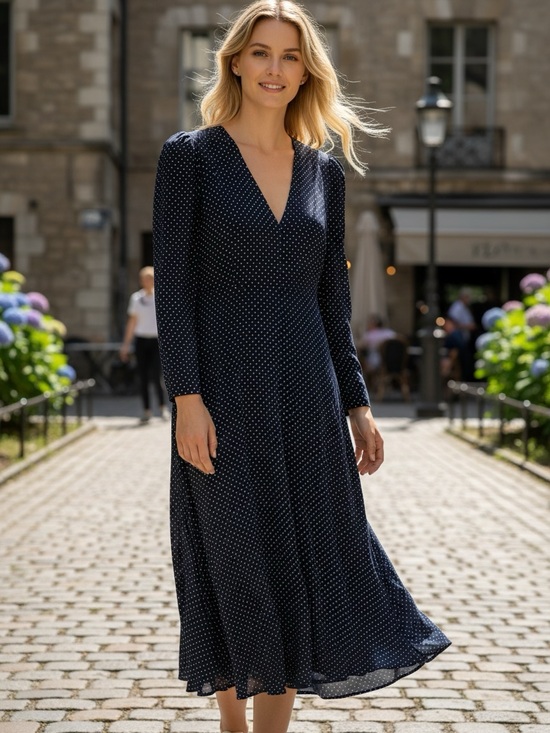 Reformation Dresses & Skirts - Reformation Navy Polka Dot Long Sleeve Midi Dress Women’s Size Med